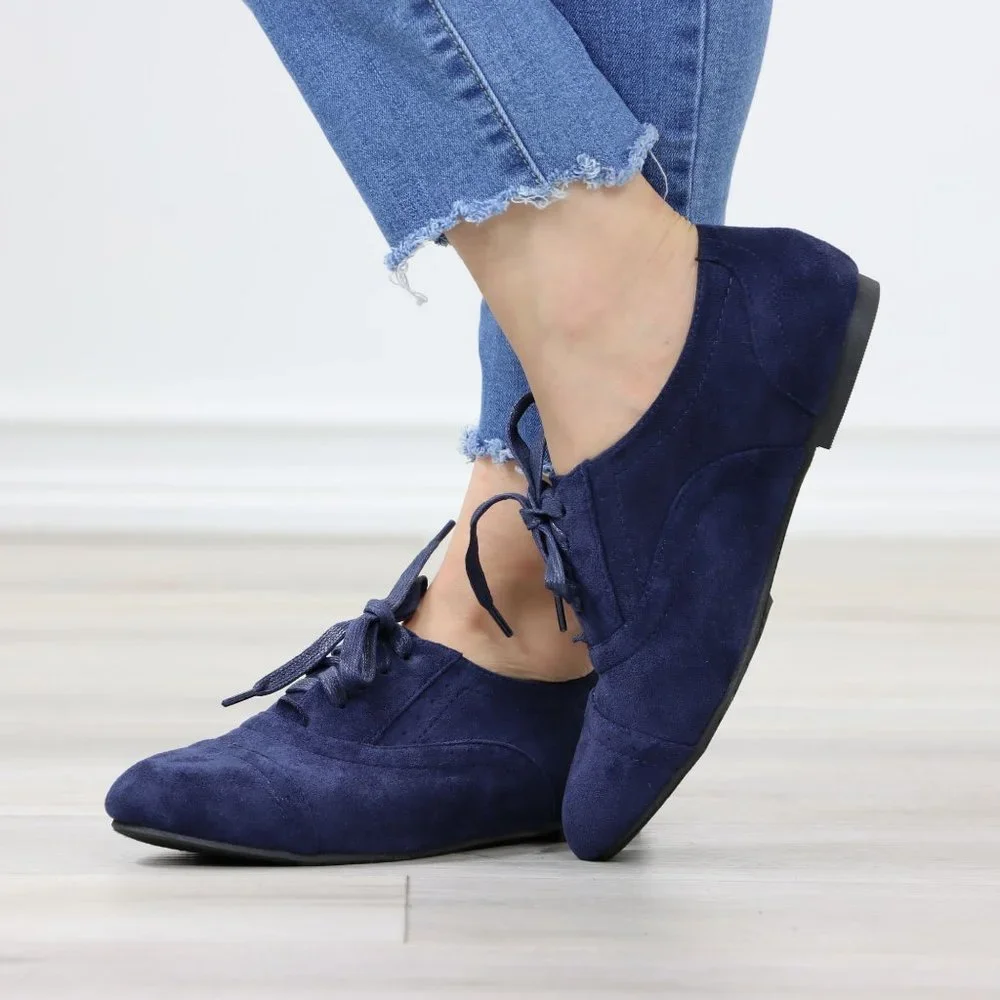 Navy Faux Suede Lace up Oxford Style Shoes Flats - Picture 6 of 12